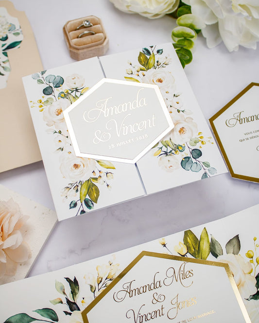 "Anthea" - Faire-part de mariage fleuris élégant et romantique avec dorure or - Wedding stationery - Création Luxe Carterie Studio