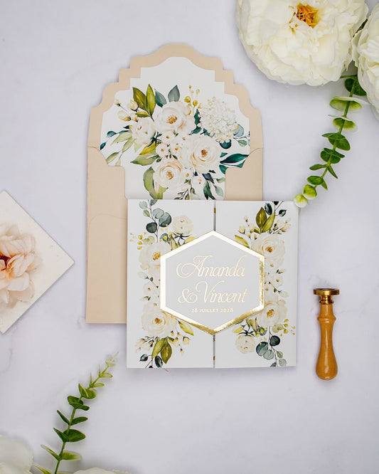 "Anthea" - Faire-part de mariage fleuris élégant et romantique avec dorure or - Wedding stationery - Création Luxe Carterie Studio