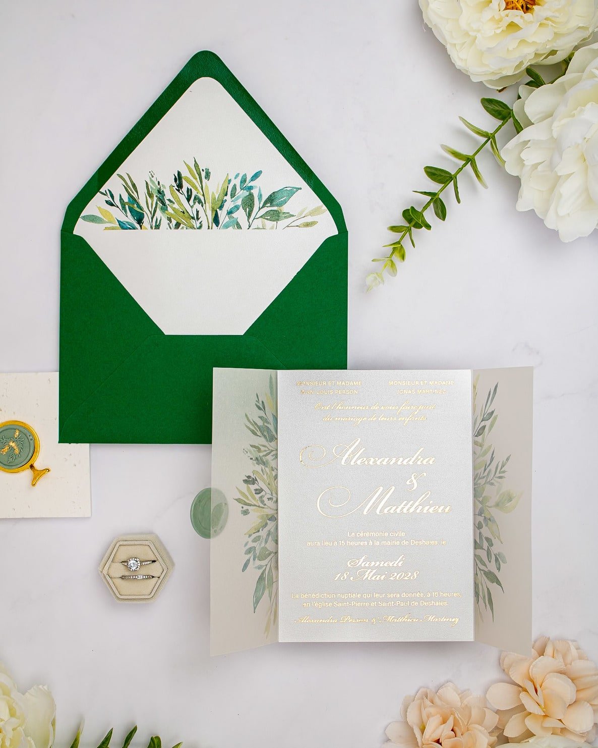 "Arum" - Faire-part de mariage fleuris élégant et romantique avec dorure or et wax seal – Wedding stationery - Création Luxe Carterie Studio
