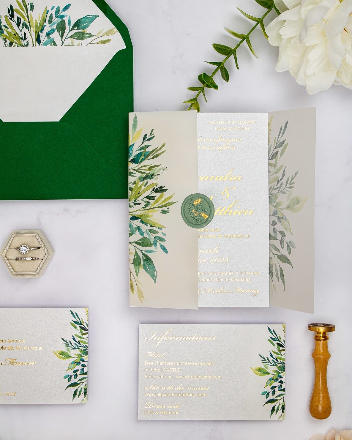 "Arum" - Faire-part de mariage fleuris élégant et romantique avec dorure or et wax seal – Wedding stationery - Création Luxe Carterie Studio