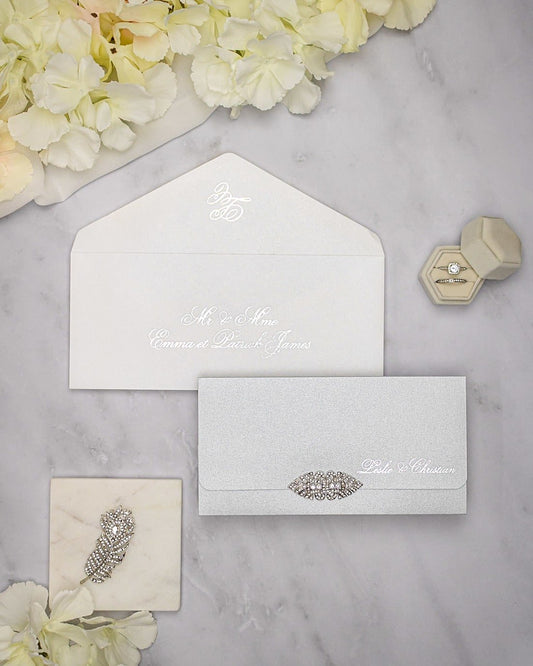 "Azalée" - Faire-part de mariage luxueux, chic et élégant avec dorure argent – Wedding stationery - Création Luxe Carterie Studio
