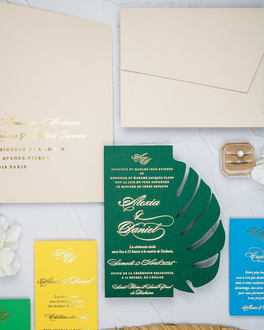 "Bali" - Faire-part de mariage thème tropical, chic et élégant avec dorure or – Wedding stationery - Création Luxe Carterie Studio
