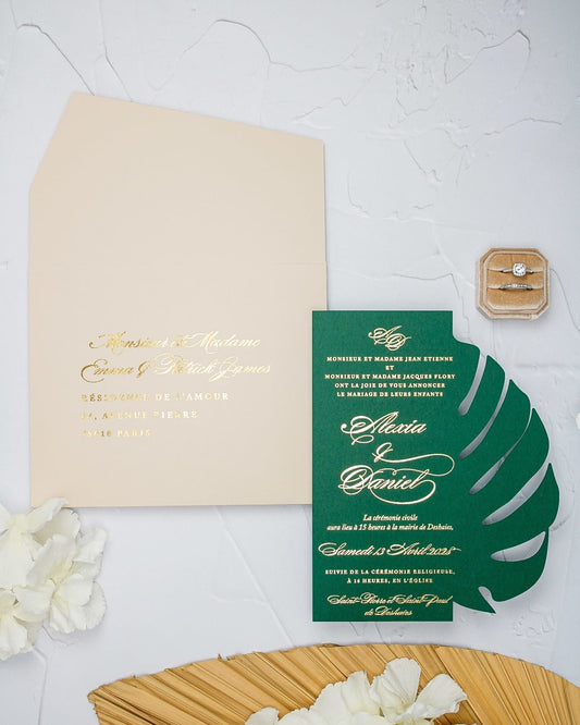 "Bali" - Faire-part de mariage thème tropical, chic et élégant avec dorure or – Wedding stationery - Création Luxe Carterie Studio
