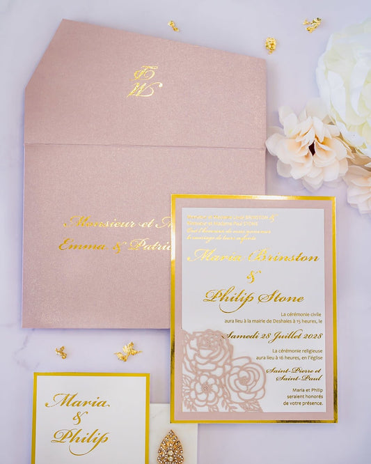 "Camélia" - Faire-part de mariage laser cut élégant et romantique avec dorure or - Wedding stationery - Création Luxe Carterie Studio