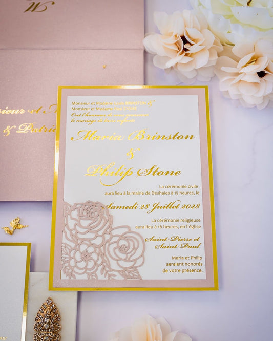"Camélia" - Faire-part de mariage laser cut élégant et romantique avec dorure or - Wedding stationery - Création Luxe Carterie Studio