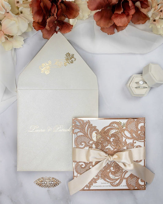 "Cassy" - Faire-part de mariage laser cut élégant et romantique avec dorure or - Wedding stationery - Création Luxe Carterie Studio