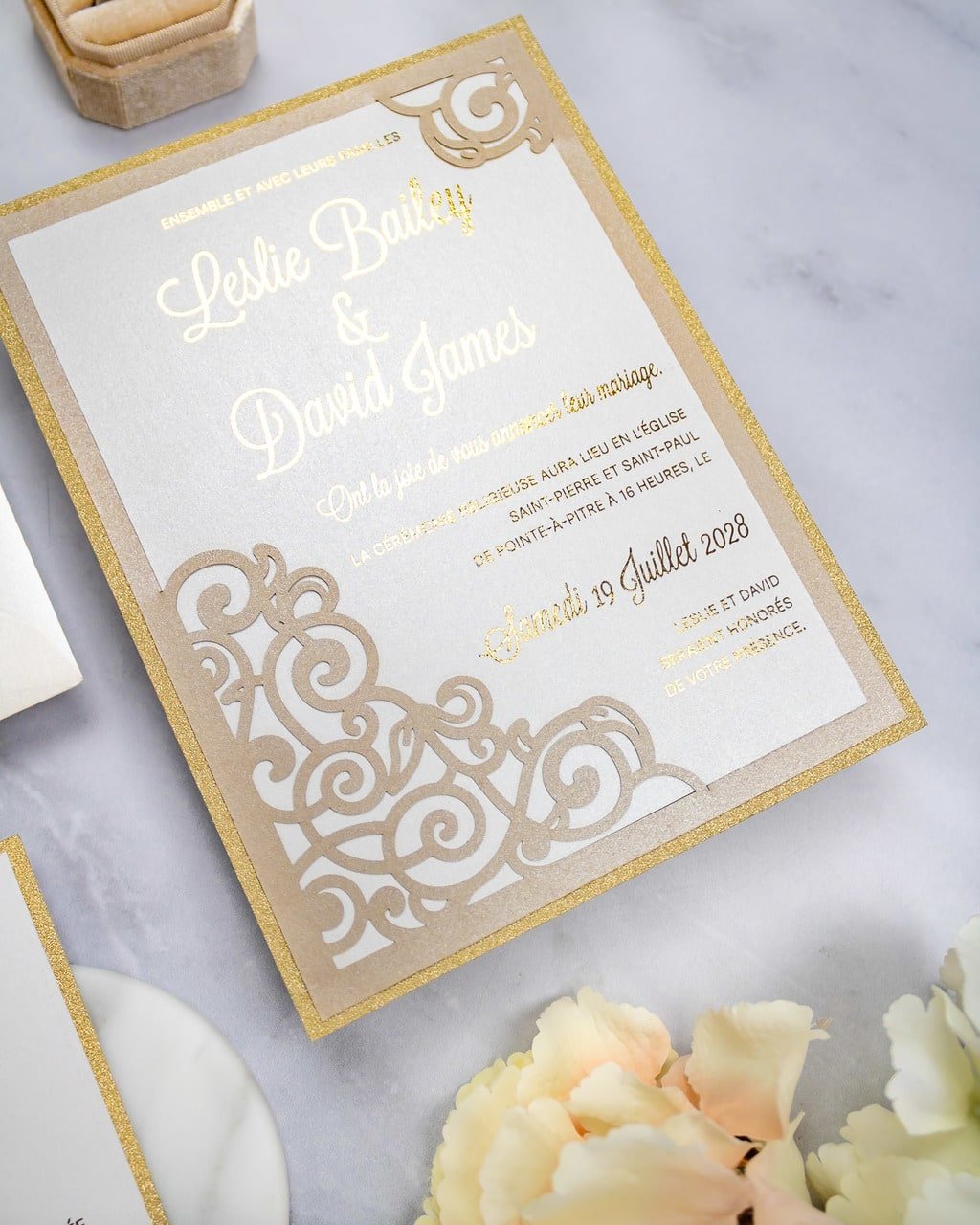 "Dahlia" - Faire-part de mariage laser cut élégant et romantique avec dorure or - Wedding stationery - Création Luxe Carterie Studio