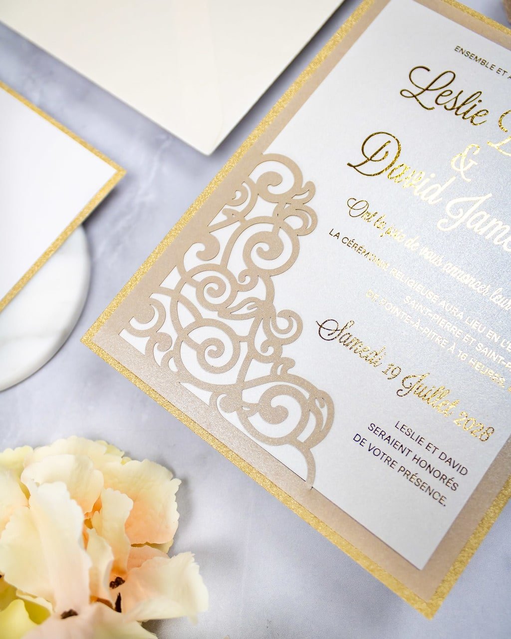 "Dahlia" - Faire-part de mariage laser cut élégant et romantique avec dorure or - Wedding stationery - Création Luxe Carterie Studio