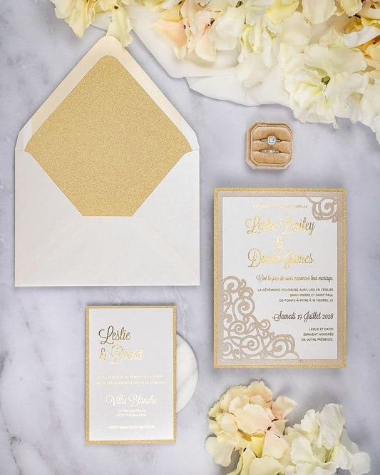 "Dahlia" - Faire-part de mariage laser cut élégant et romantique avec dorure or - Wedding stationery - Création Luxe Carterie Studio