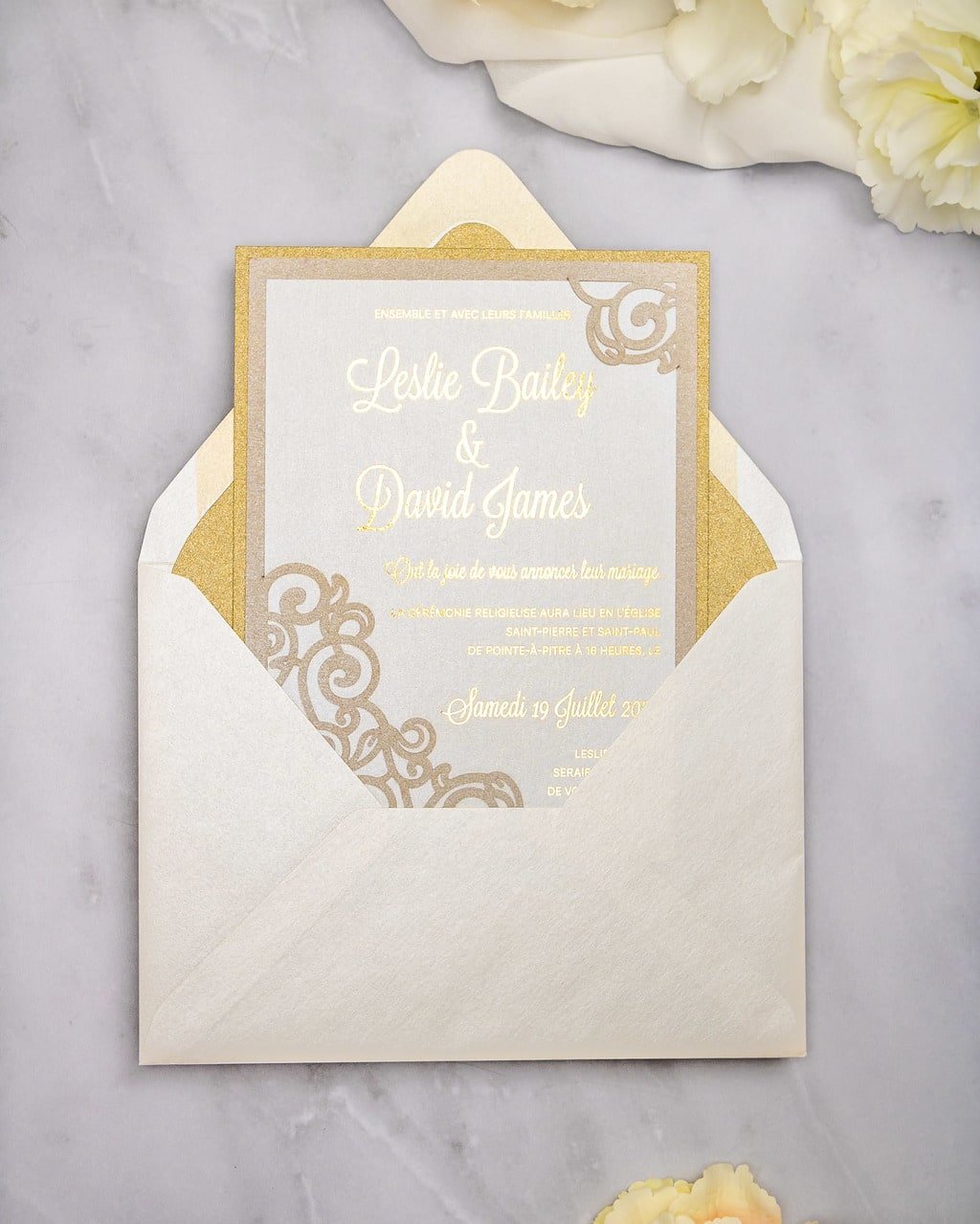 "Dahlia" - Faire-part de mariage laser cut élégant et romantique avec dorure or - Wedding stationery - Création Luxe Carterie Studio