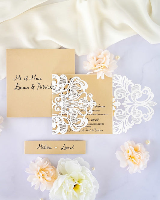 "Délicate" - Faire-part de mariage laser cut élégant et romantique avec dorure or - Wedding stationery - Création Luxe Carterie Studio