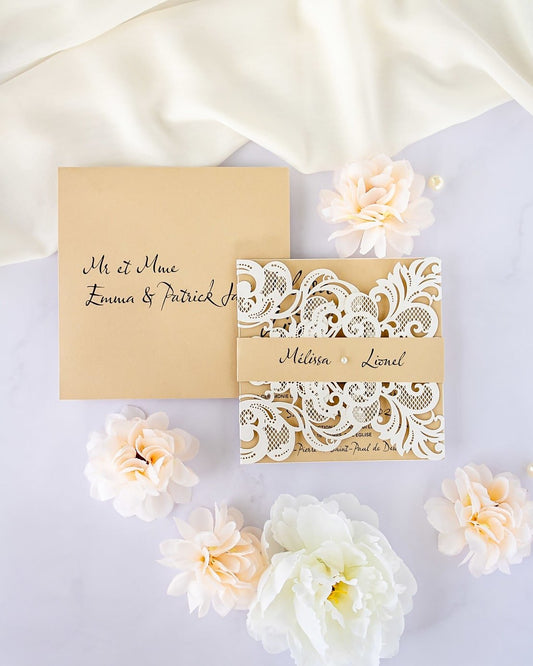 "Délicate" - Faire-part de mariage laser cut élégant et romantique avec dorure or - Wedding stationery - Création Luxe Carterie Studio