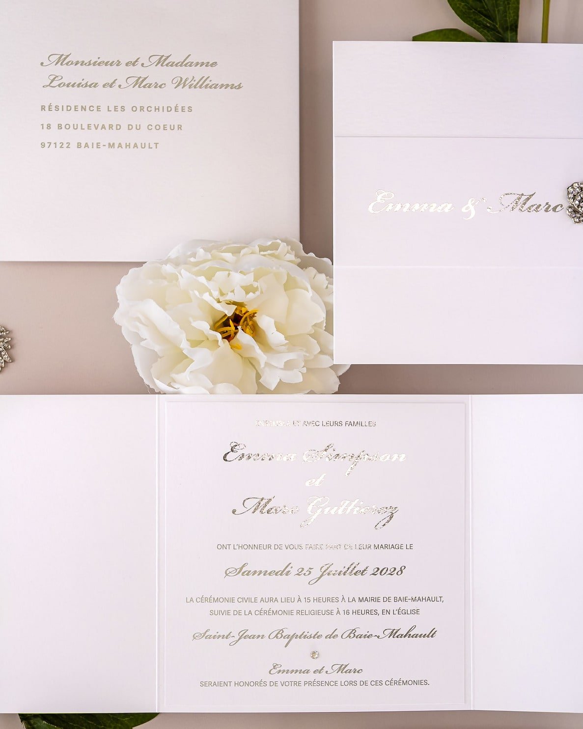 "Ellen" - Faire-part de mariage luxueux, chic et élégant avec dorure argent – Wedding stationery - Création Luxe Carterie Studio