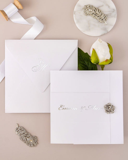 "Ellen" - Faire-part de mariage luxueux, chic et élégant avec dorure argent – Wedding stationery - Création Luxe Carterie Studio
