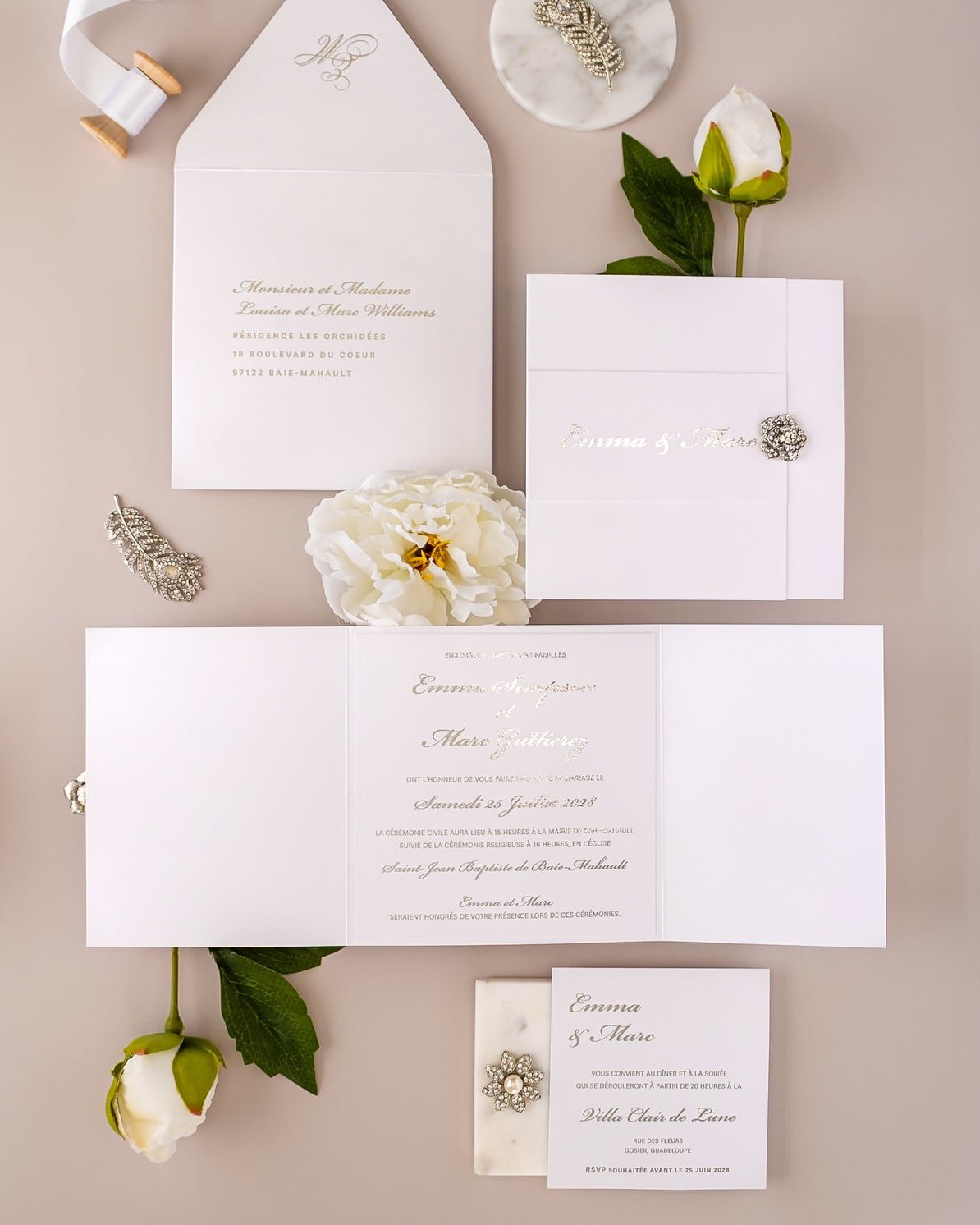 "Ellen" - Faire-part de mariage luxueux, chic et élégant avec dorure argent – Wedding stationery - Création Luxe Carterie Studio