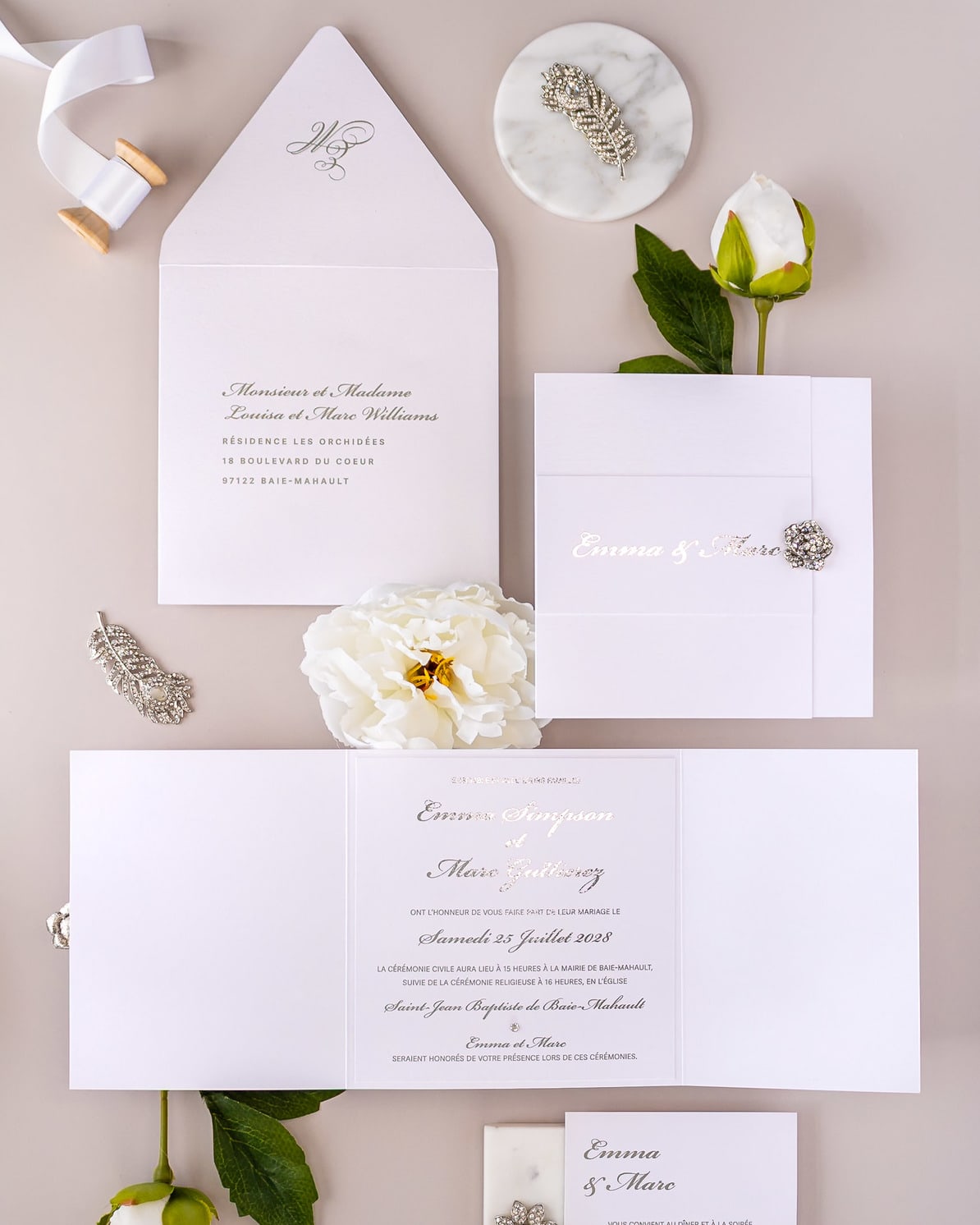 "Ellen" - Faire-part de mariage luxueux, chic et élégant avec dorure argent – Wedding stationery - Création Luxe Carterie Studio