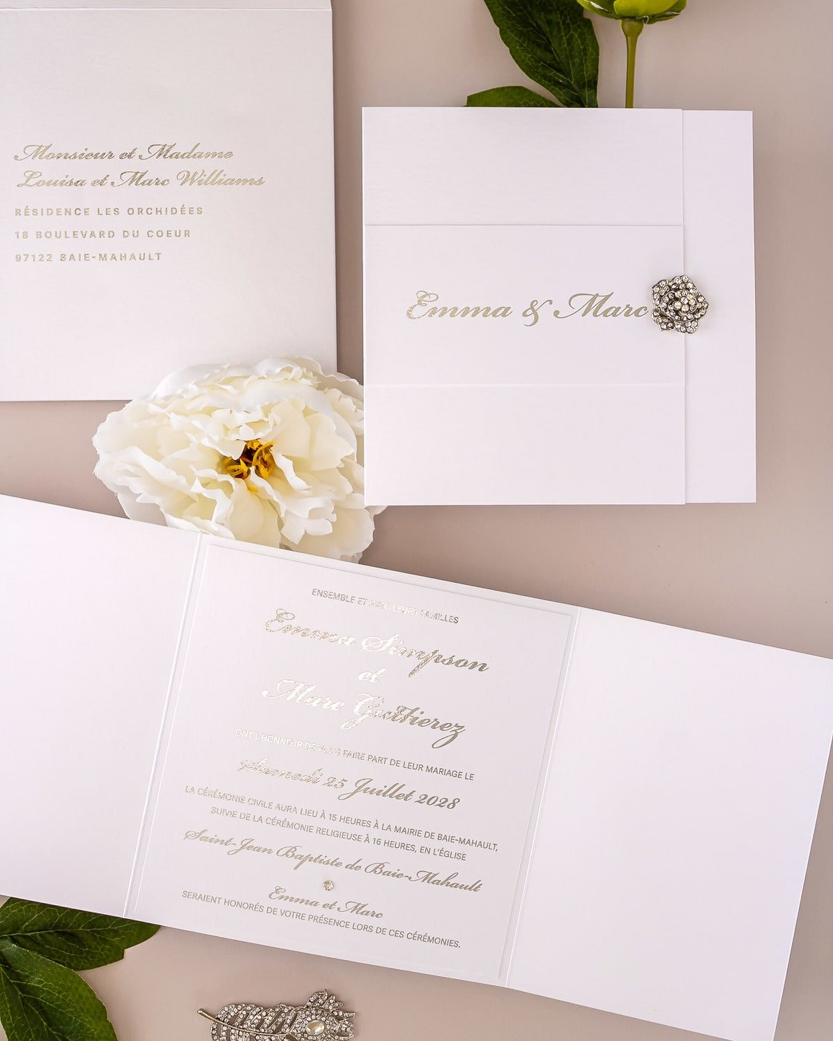 "Ellen" - Faire-part de mariage luxueux, chic et élégant avec dorure argent – Wedding stationery - Création Luxe Carterie Studio