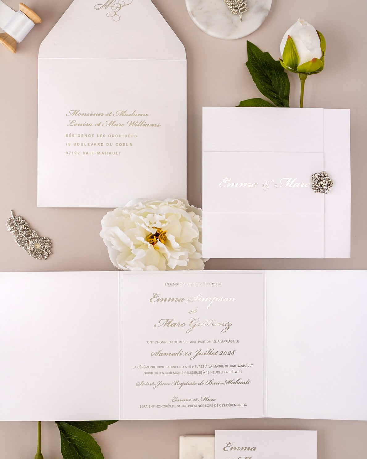 "Ellen" - Faire-part de mariage luxueux, chic et élégant avec dorure argent – Wedding stationery - Création Luxe Carterie Studio