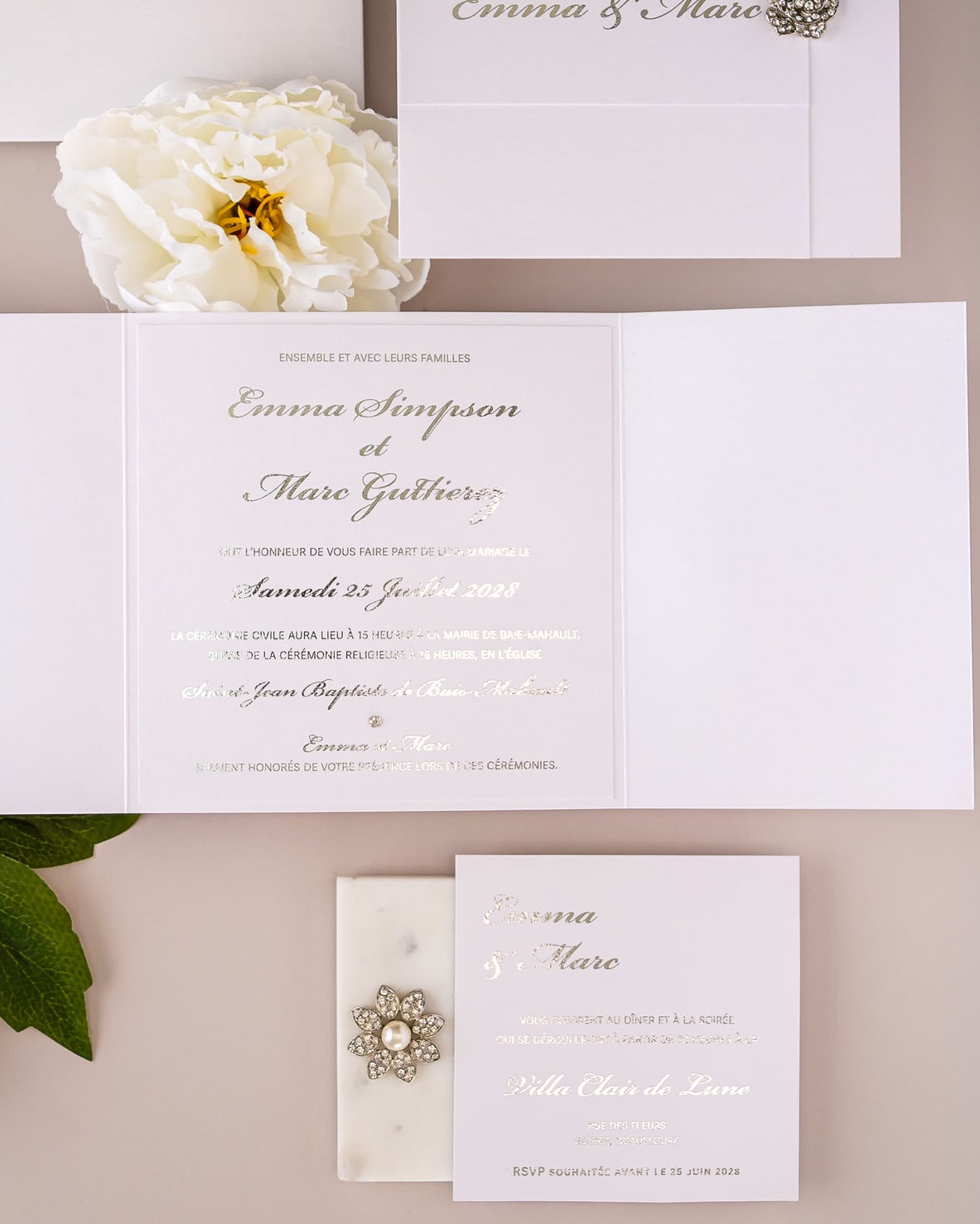 "Ellen" - Faire-part de mariage luxueux, chic et élégant avec dorure argent – Wedding stationery - Création Luxe Carterie Studio