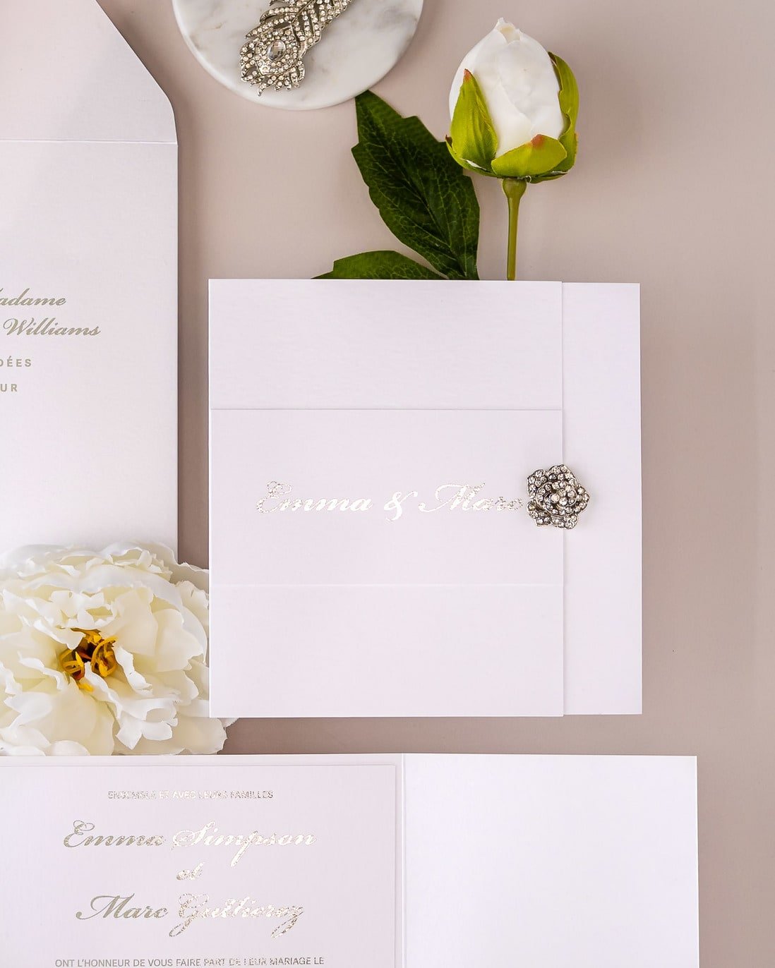 "Ellen" - Faire-part de mariage luxueux, chic et élégant avec dorure argent – Wedding stationery - Création Luxe Carterie Studio