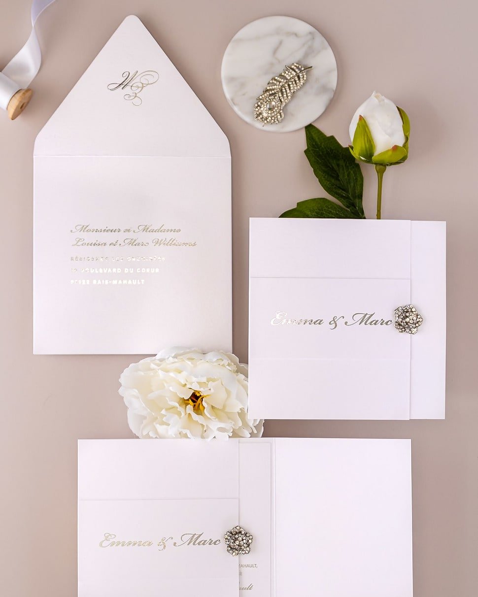 "Ellen" - Faire-part de mariage luxueux, chic et élégant avec dorure argent – Wedding stationery - Création Luxe Carterie Studio
