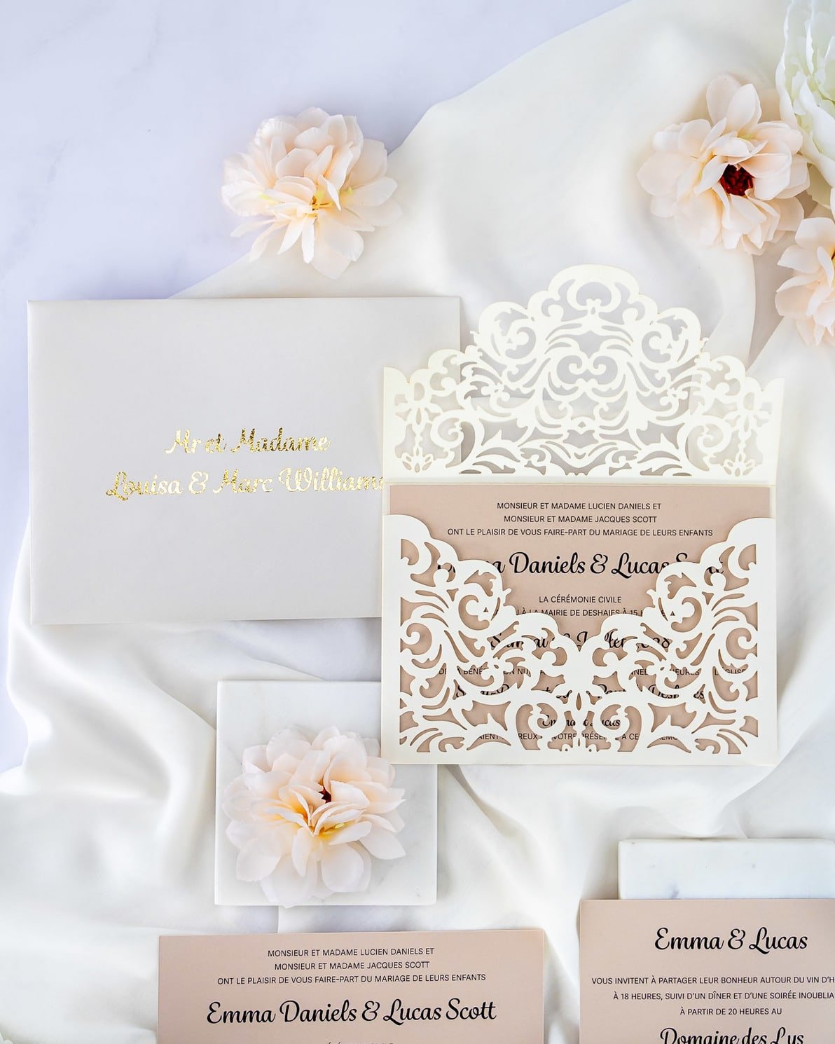 "Jade" - Faire-part de mariage laser cut élégant et romantique avec dorure or - Wedding stationery - Création Luxe Carterie Studio