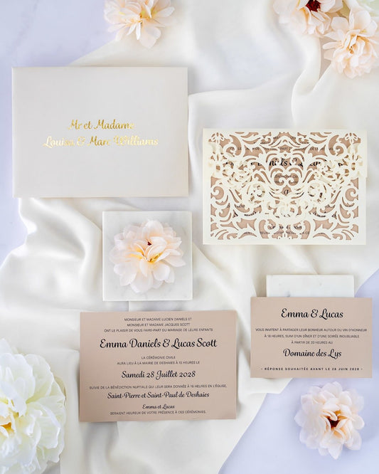 "Jade" - Faire-part de mariage laser cut élégant et romantique avec dorure or - Wedding stationery - Création Luxe Carterie Studio