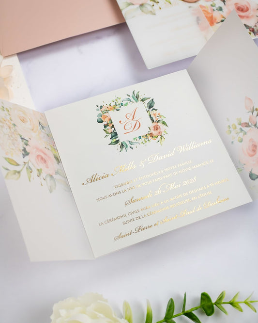 "Jais" - Faire-part de mariage fleuris élégant et romantique avec dorure or et wax seal – Wedding stationery - Création Luxe Carterie Studio