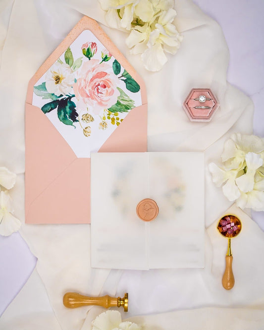 "Juliette" - Faire-part de mariage fleuris élégant et romantique avec dorure or et wax seal – Wedding stationery - Création Luxe Carterie Studio