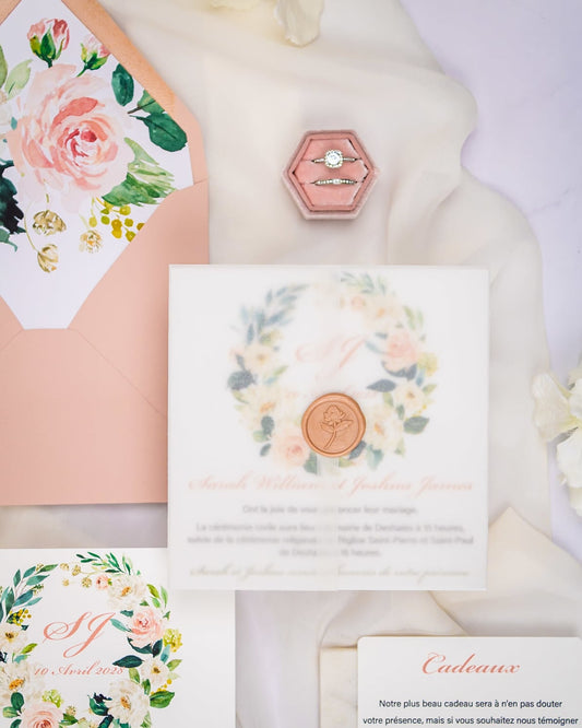 "Juliette" - Faire-part de mariage fleuris élégant et romantique avec dorure or et wax seal – Wedding stationery - Création Luxe Carterie Studio