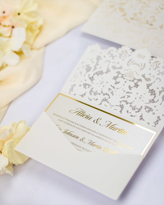 "Lilly" - Faire-part de mariage laser cut élégant et romantique avec dorure or - Wedding stationery - Création Luxe Carterie Studio
