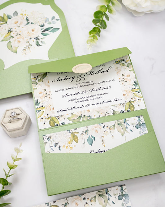 "Maud" - Faire-part de mariage fleuris élégant et romantique avec dorure or et wax seal – Wedding stationery - Création Luxe Carterie Studio