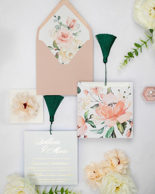 "Mélia" - Faire-part de mariage fleuris élégant et romantique avec dorure or - Wedding stationery - Création Luxe Carterie Studio