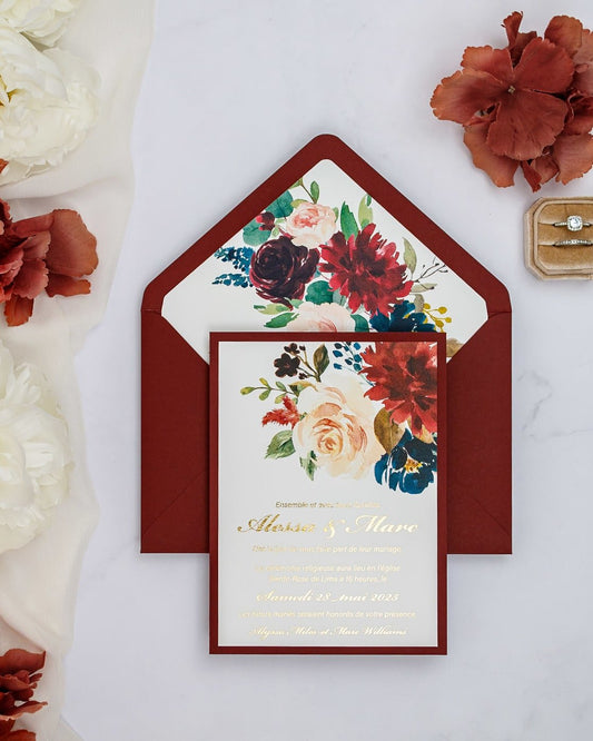 "Opaline" - Faire-part de mariage fleuris élégant et romantique avec dorure or - Wedding stationery - Création Luxe Carterie Studio
