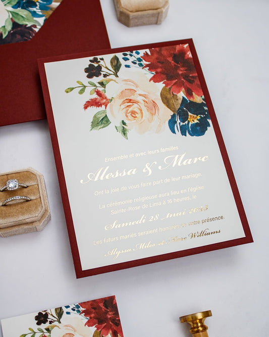 "Opaline" - Faire-part de mariage fleuris élégant et romantique avec dorure or - Wedding stationery - Création Luxe Carterie Studio