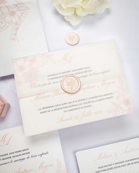 "Parme" - Faire-part de mariage fleuris élégant et romantique avec dorure or et wax seal – Wedding stationery - Création Luxe Carterie Studio