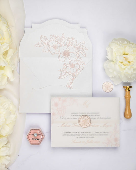 "Parme" - Faire-part de mariage fleuris élégant et romantique avec dorure or et wax seal – Wedding stationery - Création Luxe Carterie Studio