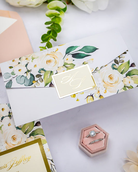 "Polly" - Faire-part de mariage fleuris élégant et romantique avec dorure or - Wedding stationery - Création Luxe Carterie Studio