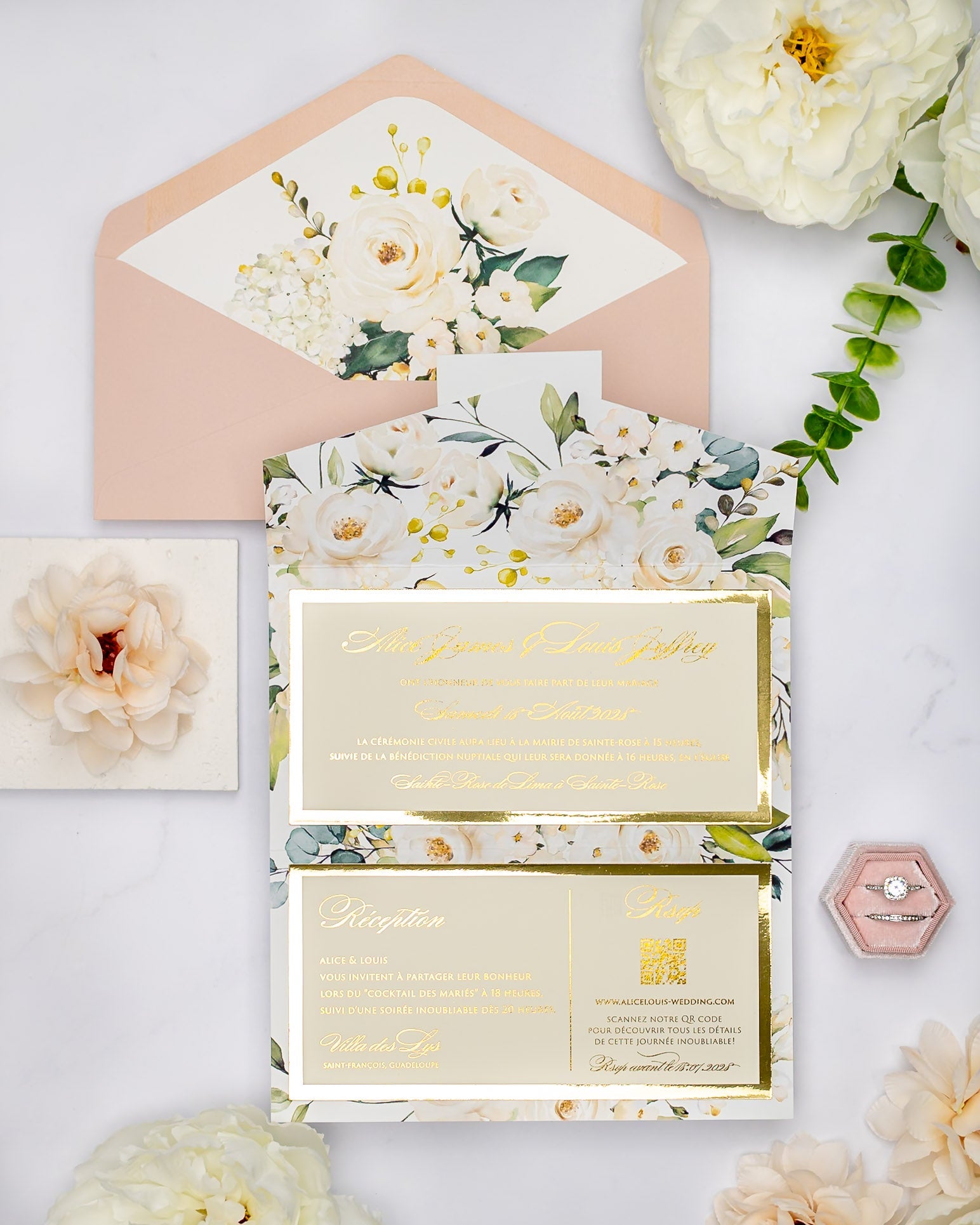 "Polly" - Faire-part de mariage fleuris élégant et romantique avec dorure or - Wedding stationery - Création Luxe Carterie Studio