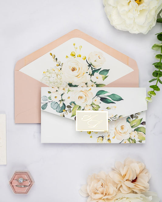 "Polly" - Faire-part de mariage fleuris élégant et romantique avec dorure or - Wedding stationery - Création Luxe Carterie Studio