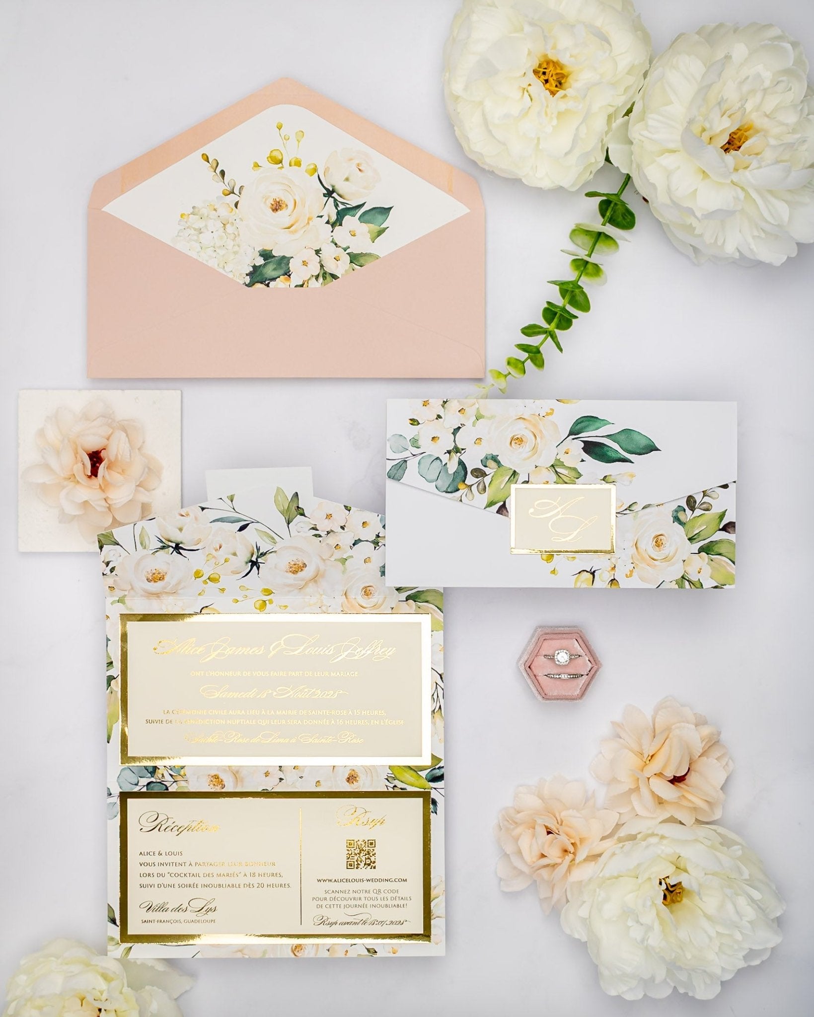 "Polly" - Faire-part de mariage fleuris élégant et romantique avec dorure or - Wedding stationery - Création Luxe Carterie Studio