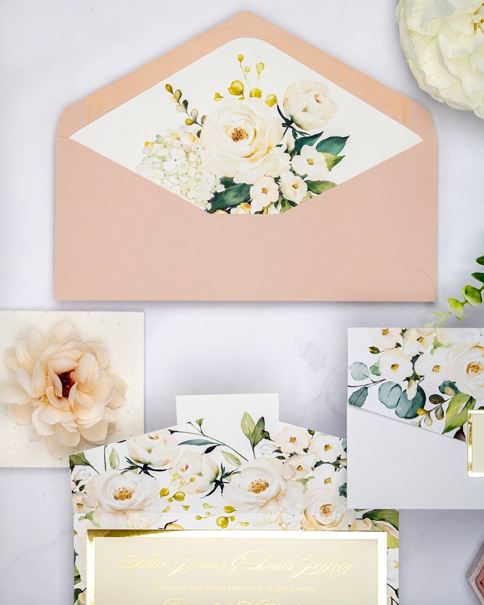 "Polly" - Faire-part de mariage fleuris élégant et romantique avec dorure or - Wedding stationery - Création Luxe Carterie Studio