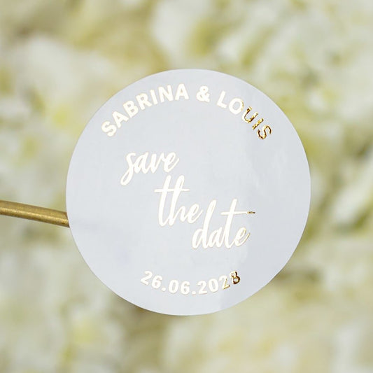 "Sticker - "Save the date"" – Sticker de mariage chic et élégant avec dorure or pour cadeaux d’invités – Papeterie de mariage - Wedding stationery - Création Luxe Carterie Studio