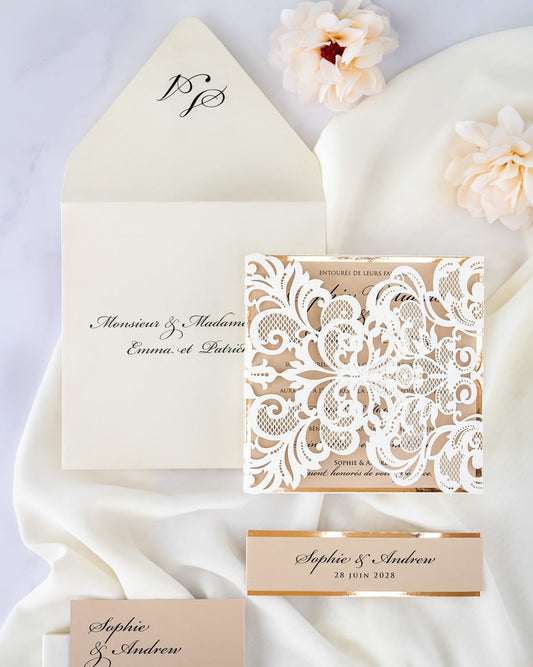 "Sweet" - Faire-part de mariage laser cut élégant et romantique avec dorure or - Wedding stationery - Création Luxe Carterie Studio