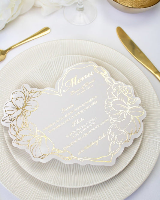 "Tiana" - Menu de mariage chic et élégant avec dorure or pour réception de mariage – Papeterie de mariage - Wedding stationery - Création Luxe Carterie Studio