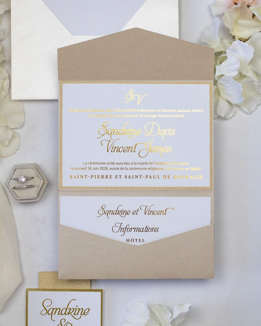 Trendy - Faire - part - Faire - part Pochette + 2 cartons (Invitation / Informations / RSVP / Programme ou autre) - Sans enveloppe - Luxe Carterie Studio