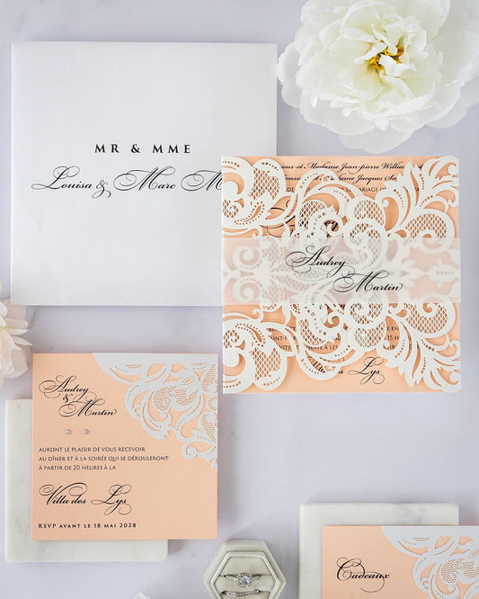 "Valentine" - Faire-part de mariage laser cut élégant et romantique avec dorure or - Wedding stationery - Création Luxe Carterie Studio