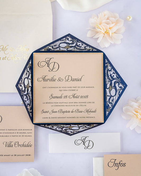 "Vanilla" - Faire-part de mariage laser cut élégant et romantique avec dorure or - Wedding stationery - Création Luxe Carterie Studio