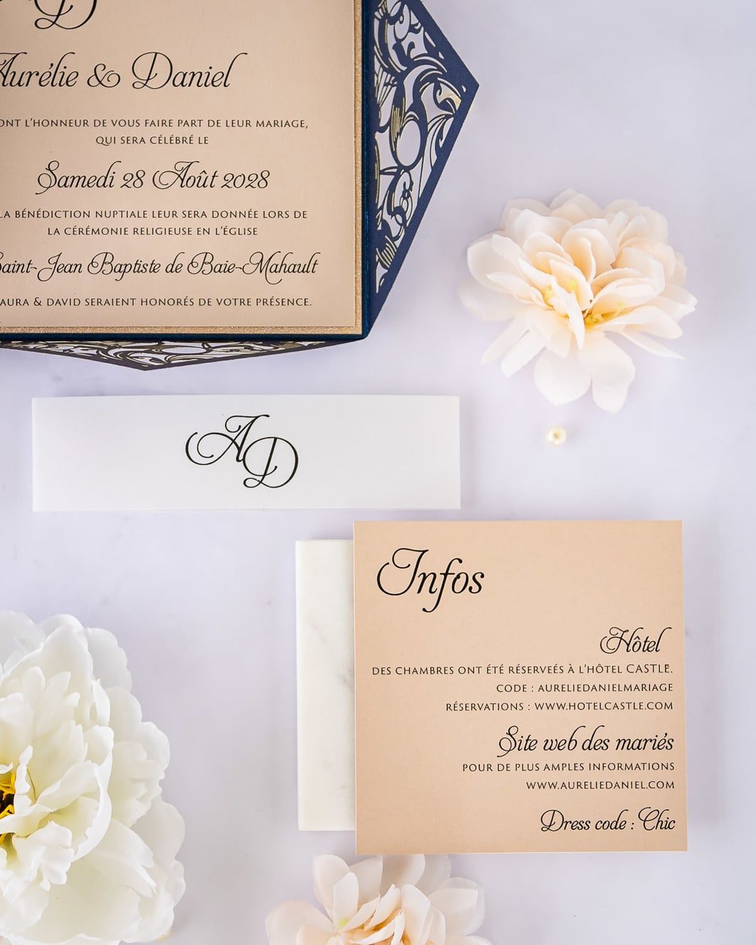 "Vanilla" - Faire-part de mariage laser cut élégant et romantique avec dorure or - Wedding stationery - Création Luxe Carterie Studio