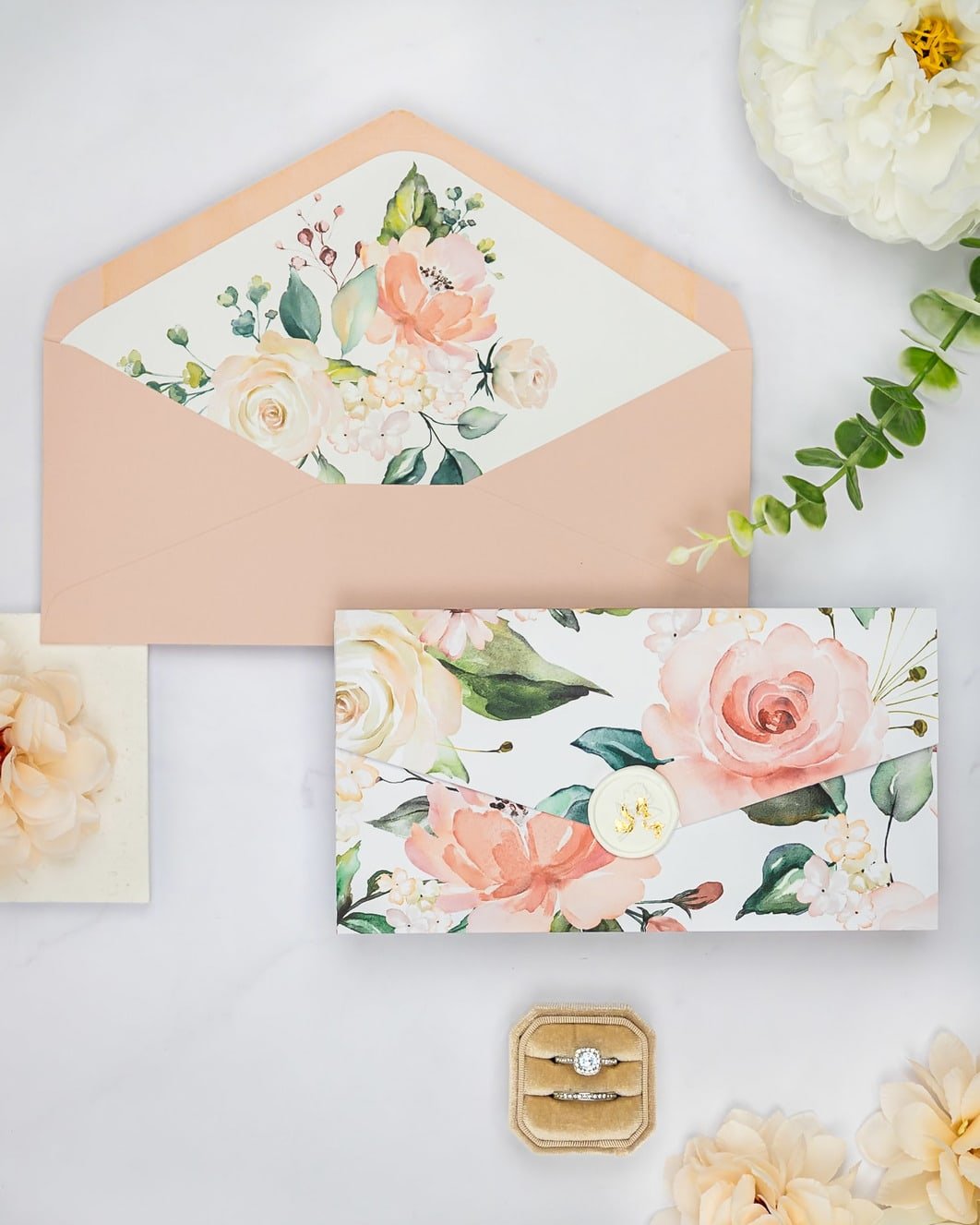 "Vany" - Faire-part de mariage fleuris élégant et romantique avec dorure or et wax seal – Wedding stationery - Création Luxe Carterie Studio